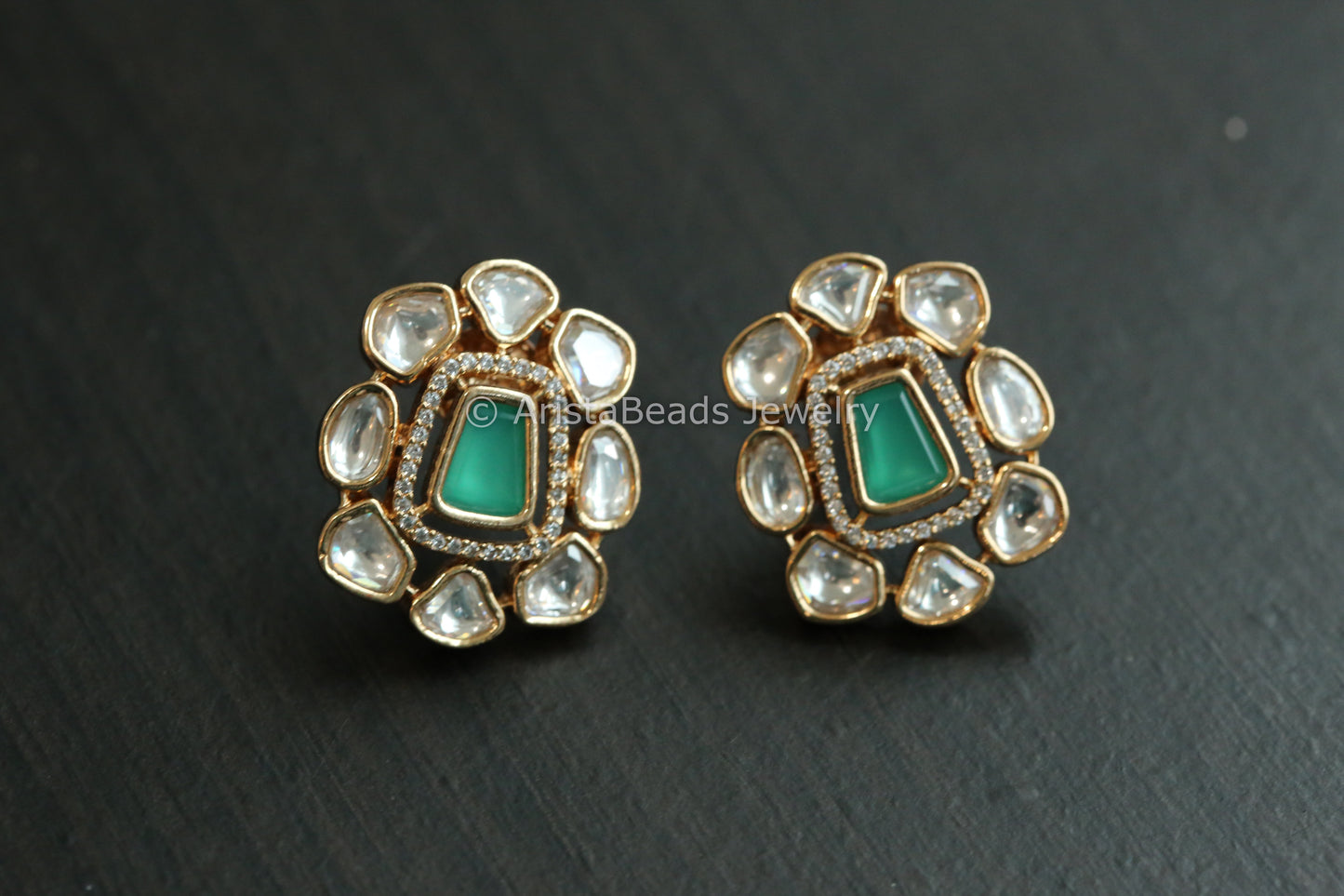 Premium Micro CZ & Polki  Studs - Green