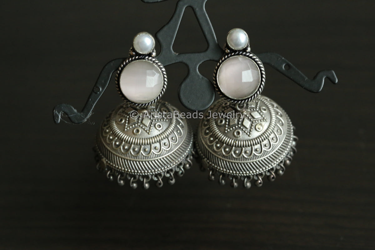 Pink Stone & Pearl Jhumka
