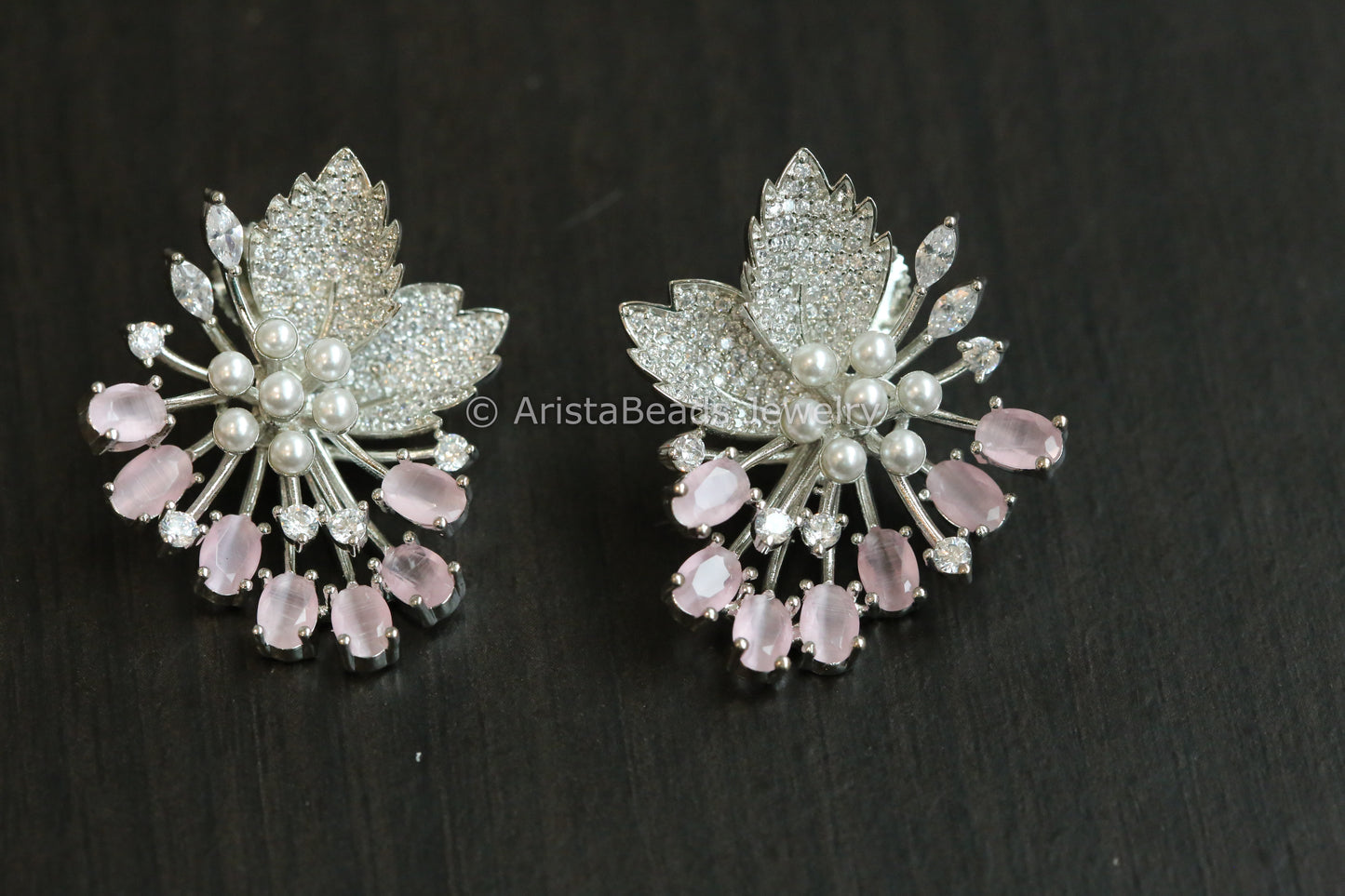 Contemporary CZ & Pearls Earrings - Pink