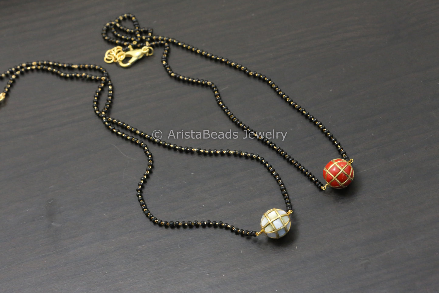 Jadau Black Bead Necklace - MOP/ Coral