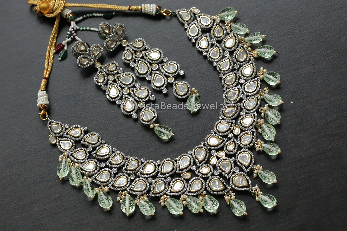Dual Tone Polki & Micro CZ Necklace Set - Mint