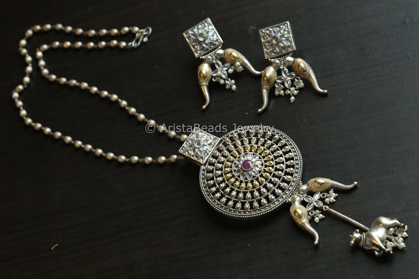 Contemporary Silver Look Dual Tone Necklace Set -Clear Ruby
