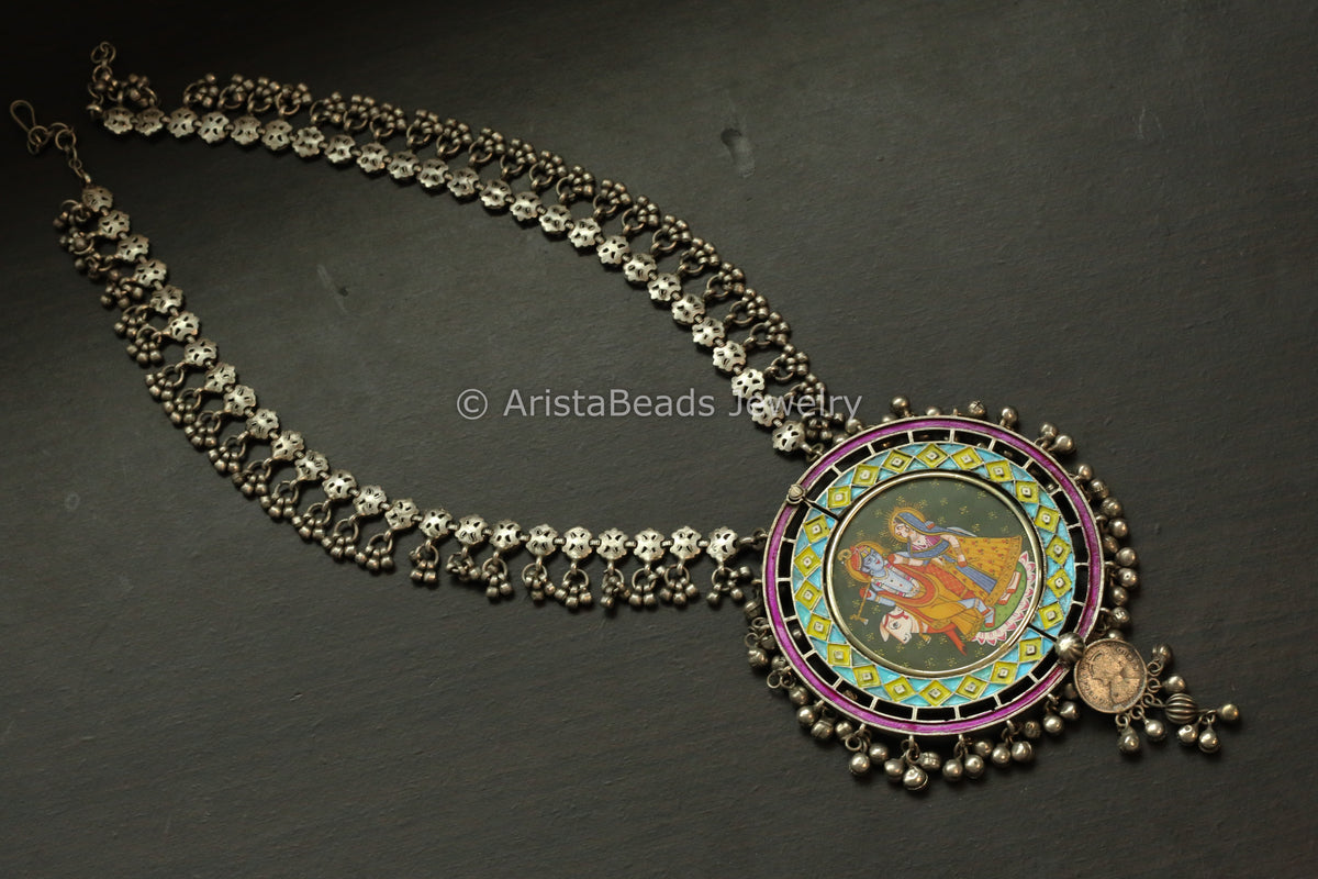 Oxidized Hand-Painted Enamel Necklace -Krishna