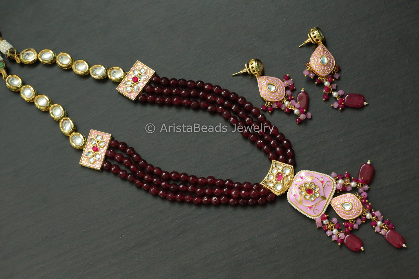Kundan Meenakari Necklace Set -Pink Red