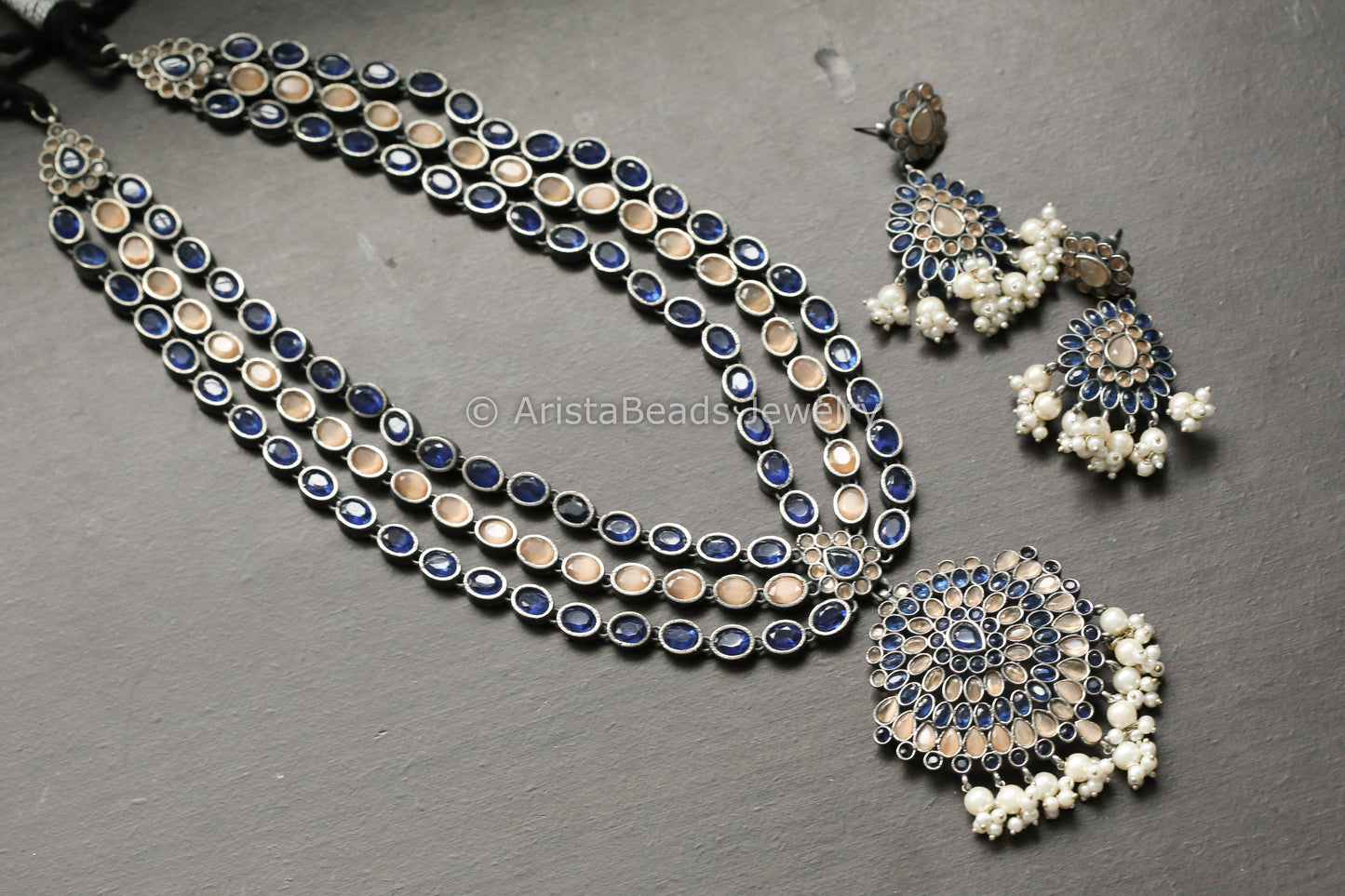 Long Oxidized Peach Blue Necklace Set