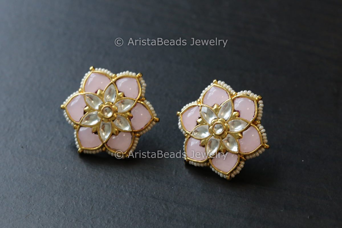 Pachi Kundan Studs - Pink