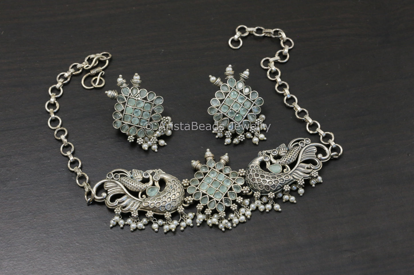 Silver Tone Brass Choker Set - Mint