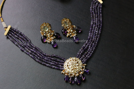 Real Amethyst/ Purple Fine Jadau Pachi Kundan Set