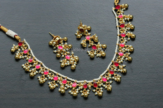 Dainty Pachi Kundan Necklace Set - Ruby