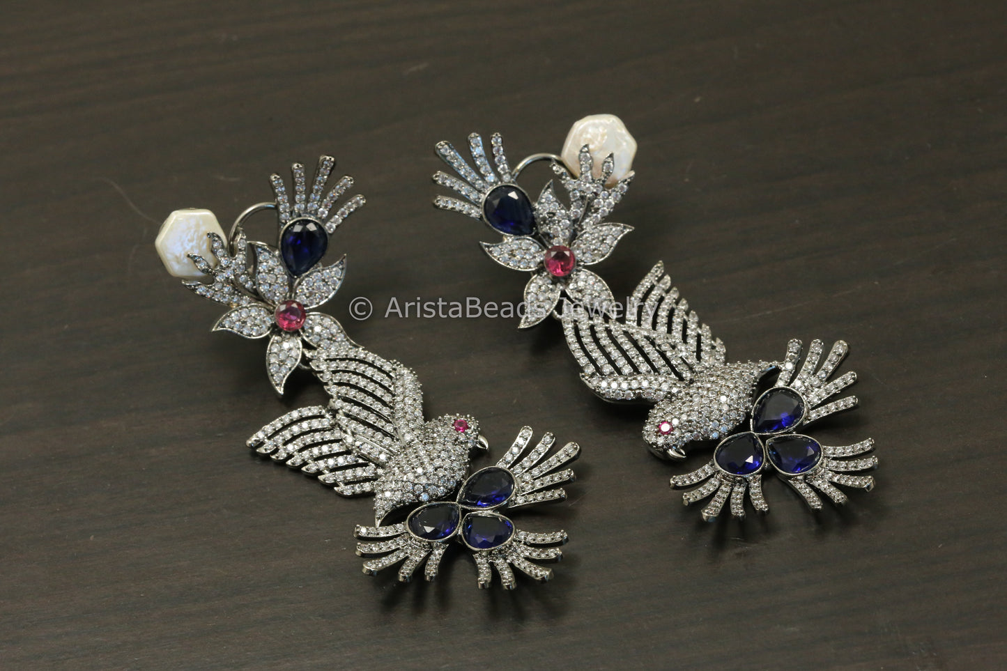 Large Victorian CZ & Baroque Pearl Earrings- Blue