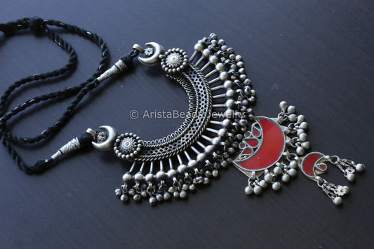 Large Pendant In Black Dori - Red Glass Motif