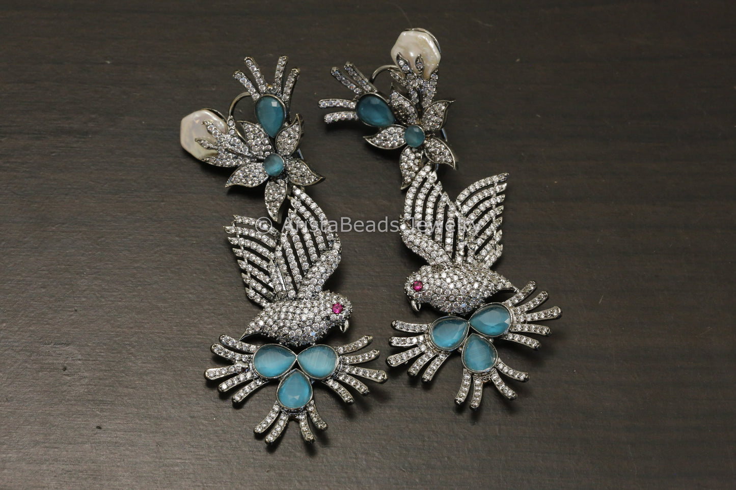 Large Victorian CZ & Baroque Pearl Earrings- Ice Blue