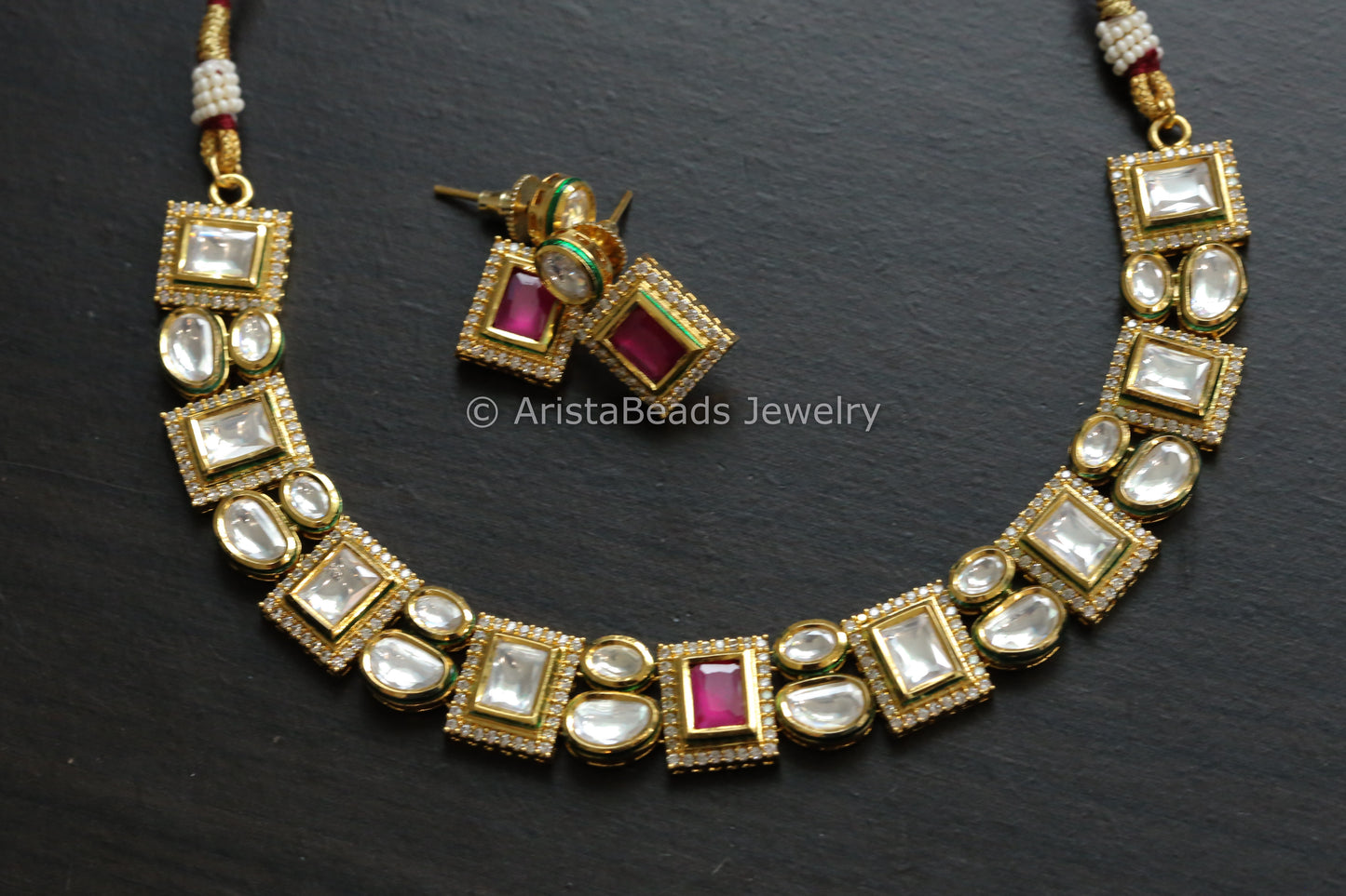 Premium Bikaneri Kundan & CZ Necklace Set - Ruby
