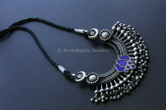 Large Pendant In Black Dori - Blue Glass Motif