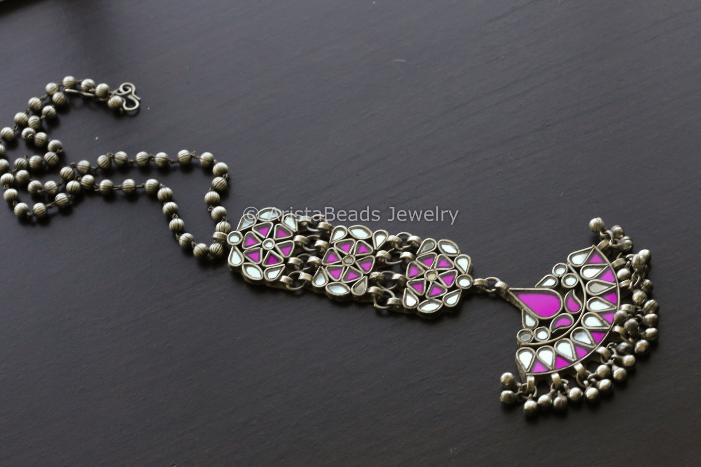 Long Real Glass Pendant Necklace - Magenta Clear