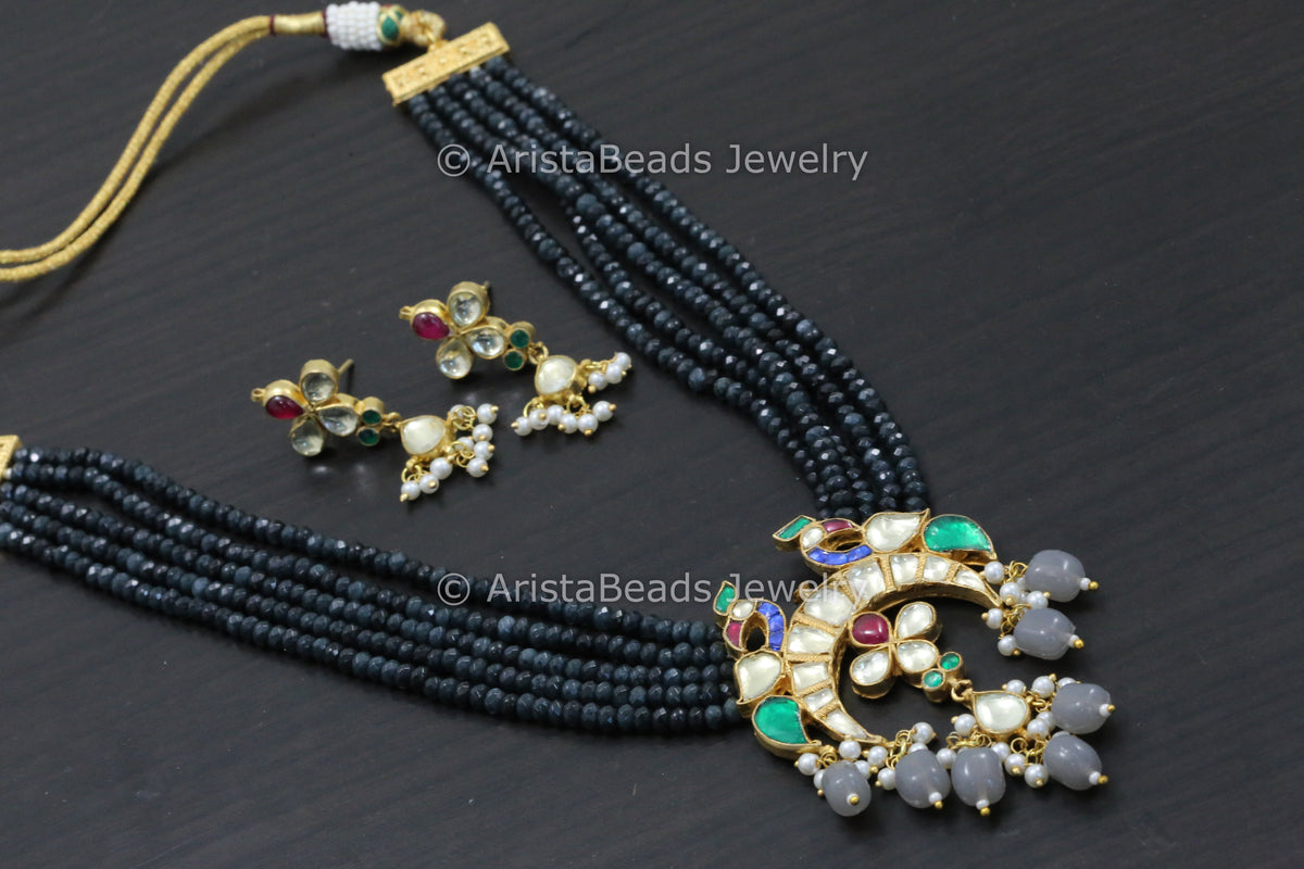 Pachi Kundan Necklace Set - Blue Gray