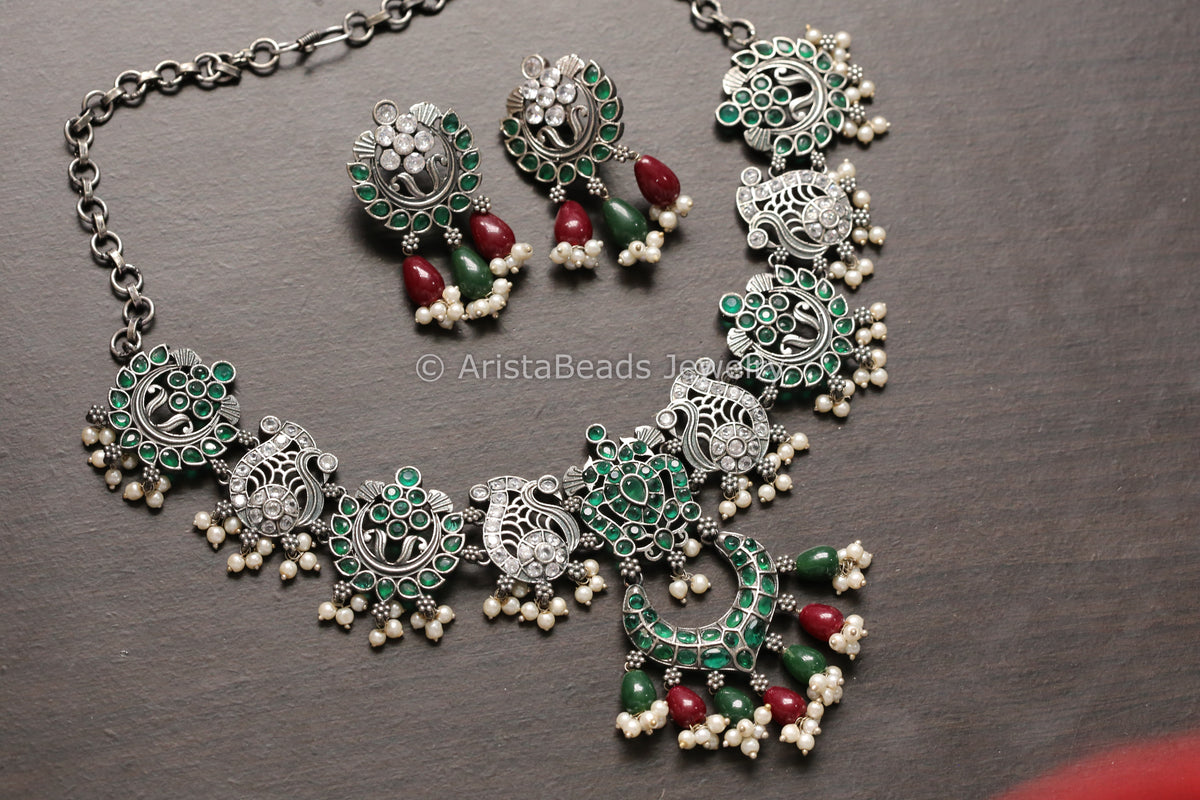 Oxidized Peacock Emerald Clear CZ Necklace Set