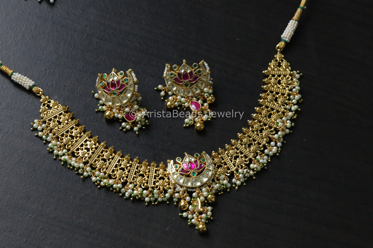 Gold Plated Pachi Kundan Lotus  Necklace Set