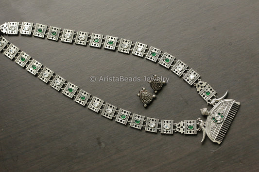 Green Clear Silver Replica Oxidized Necklace Set