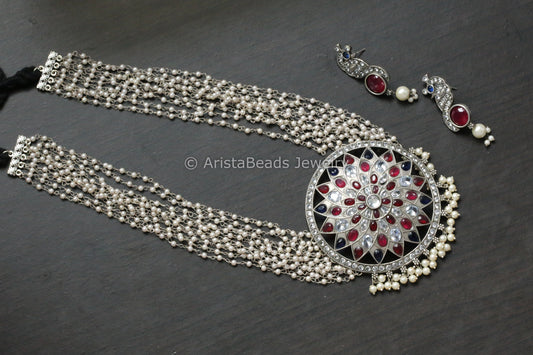 Blue Ruby Clear Oxidized Necklace Set