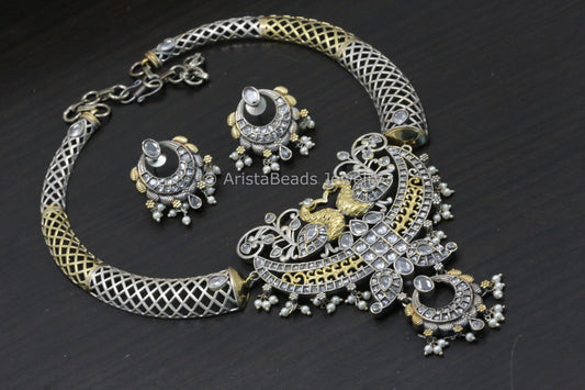 Dual Tone Hasli Necklace Set - Clear