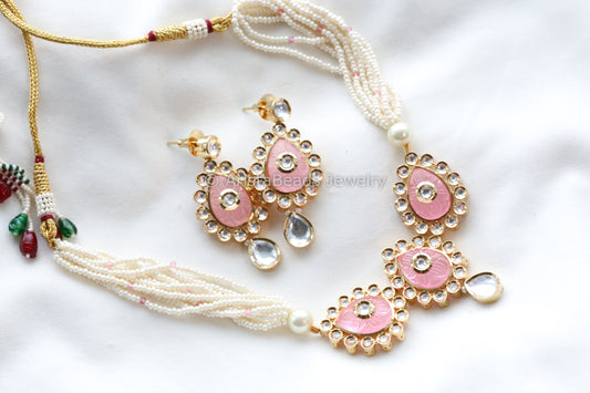 Dainty Uncut Foil Kundan Necklace/ Choker Set - Pink