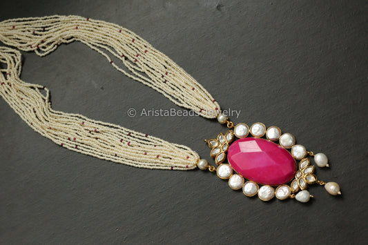Kundan Baroque Pearls & Semiprecious Stone Necklace Set - Pink