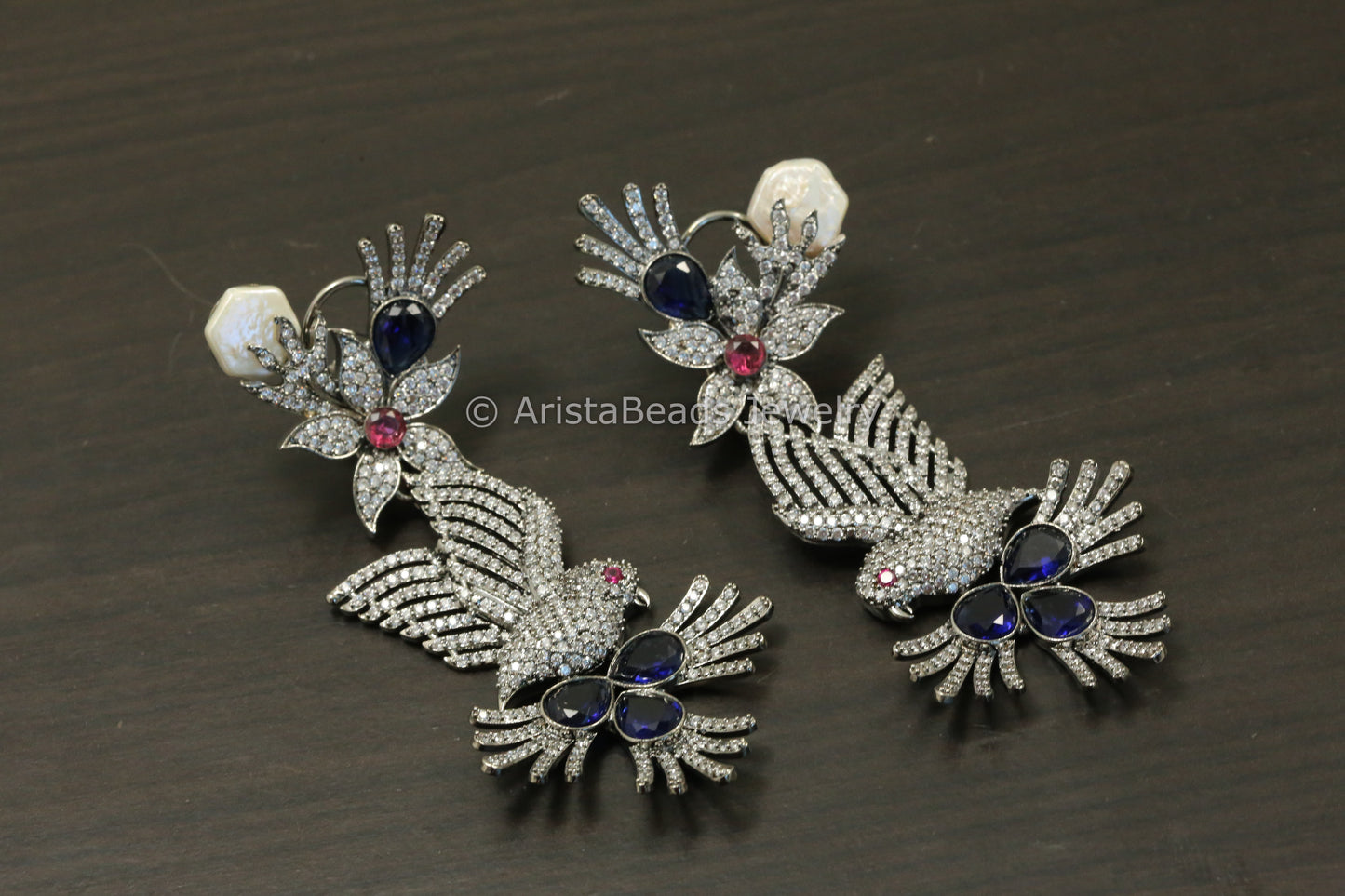 Large Victorian CZ & Baroque Pearl Earrings- Blue