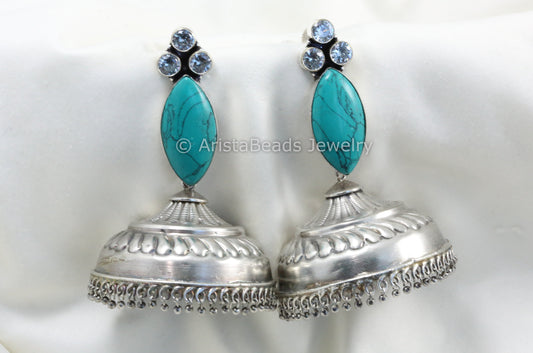 Jumbo Large Jhumka - Turquoise Clear
