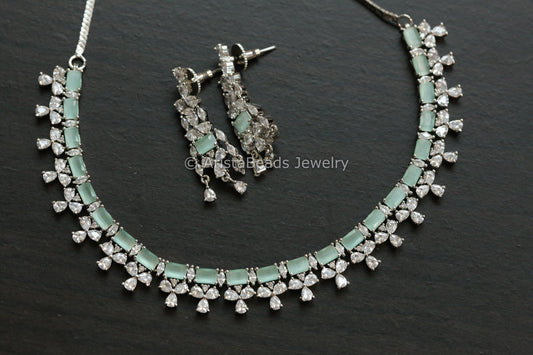 Premium Quality CZ Necklace Set - Mint & Clear