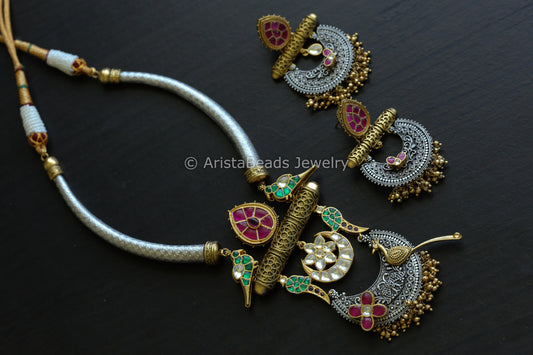 Real Silver Look Alike Pachi Kundan Hasli Necklace
