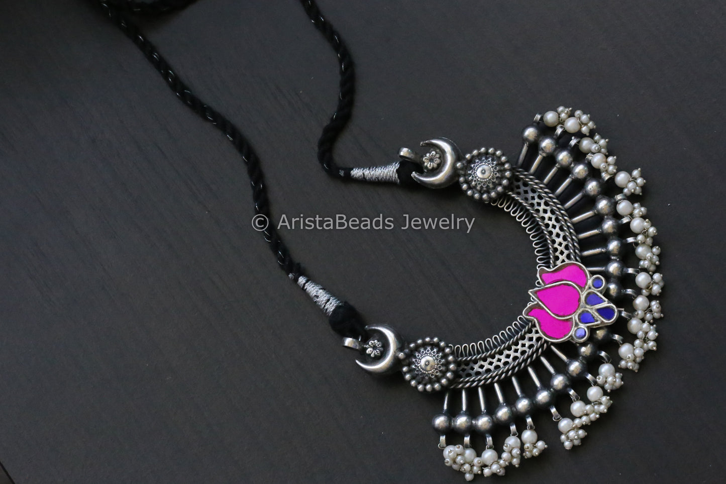 Large Pendant In Black Dori - Pink Glass Motif