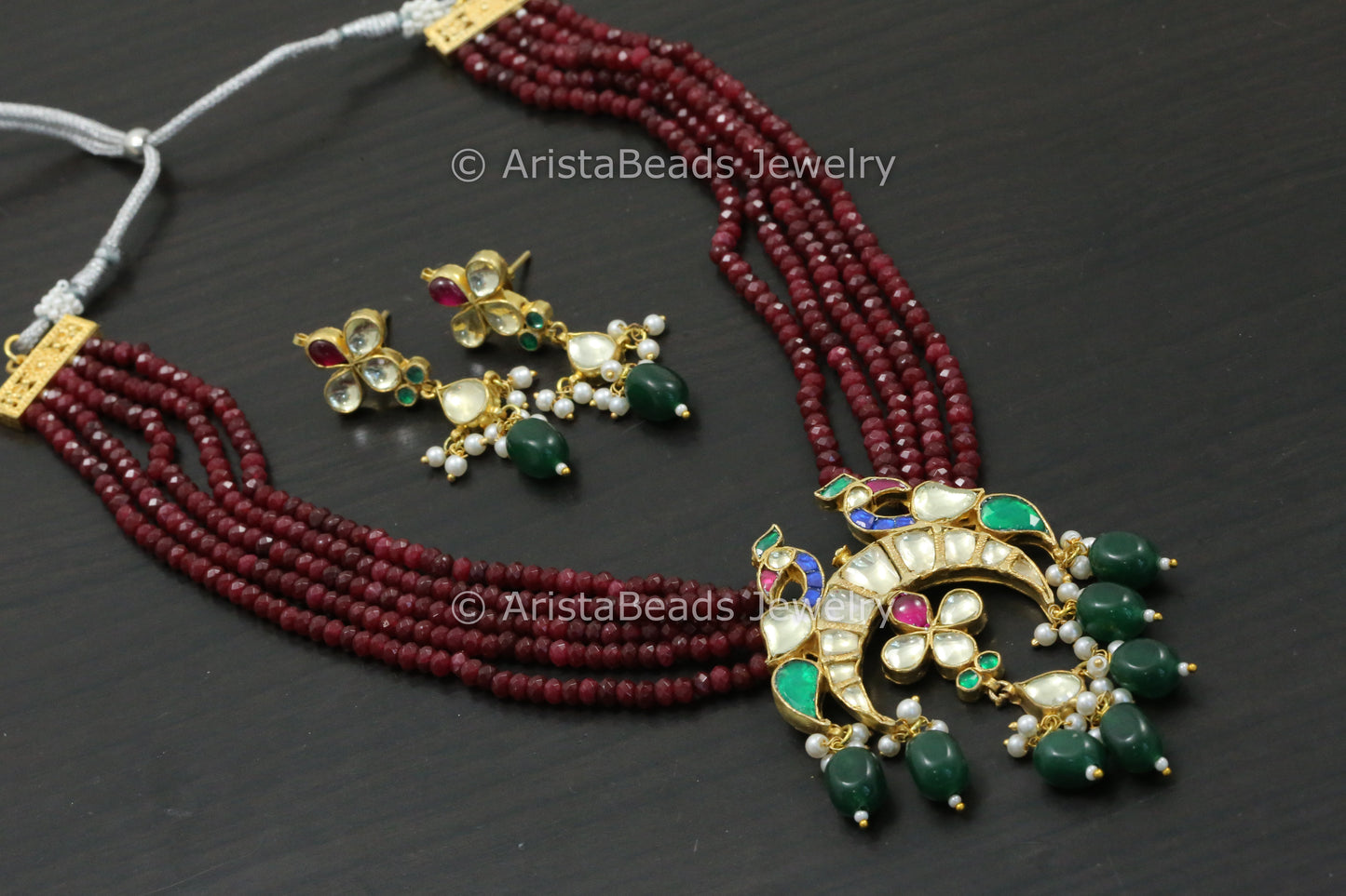 Pachi Kundan Necklace Set - Maroon Red