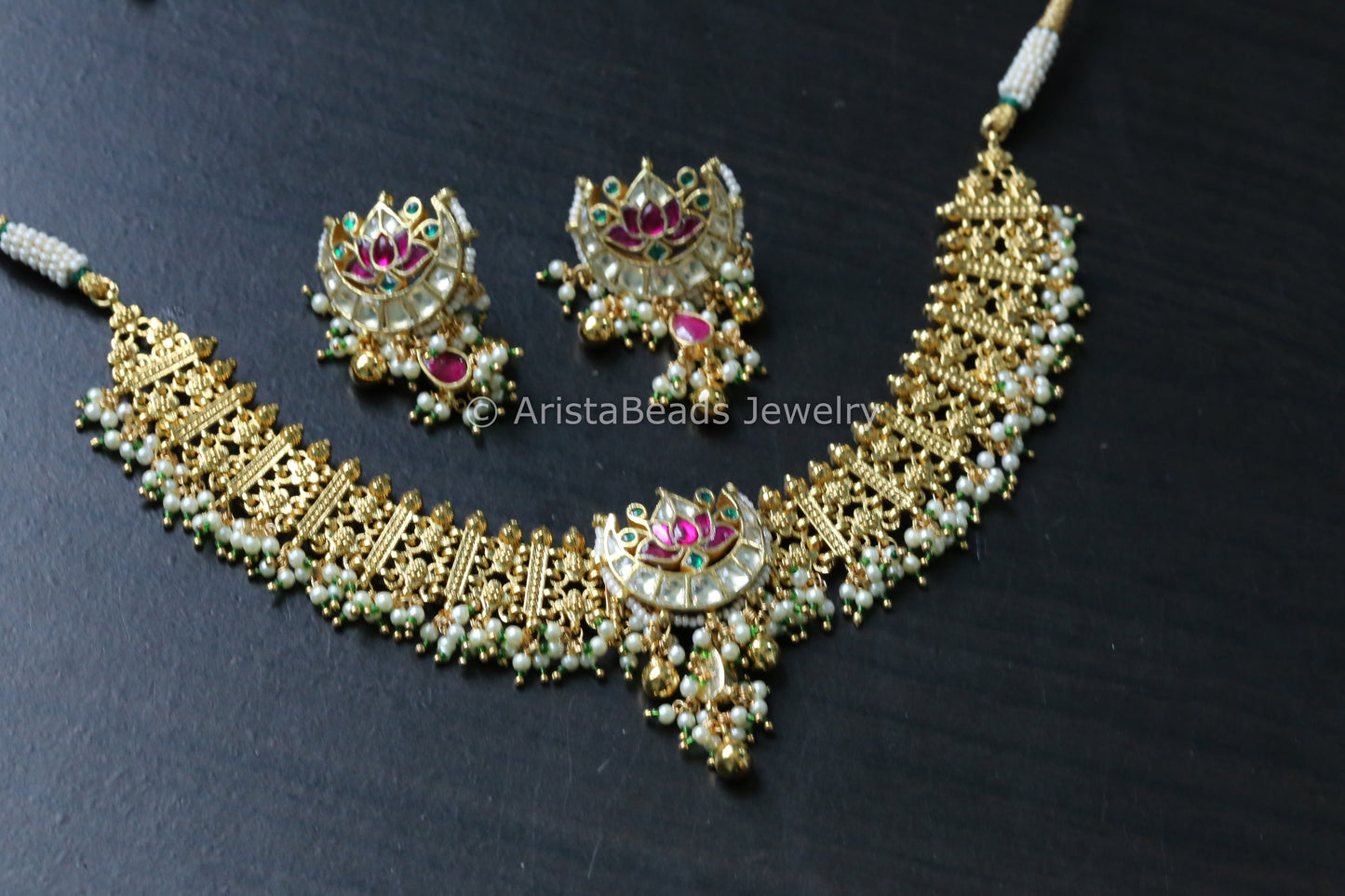 Gold Plated Pachi Kundan Lotus  Necklace Set