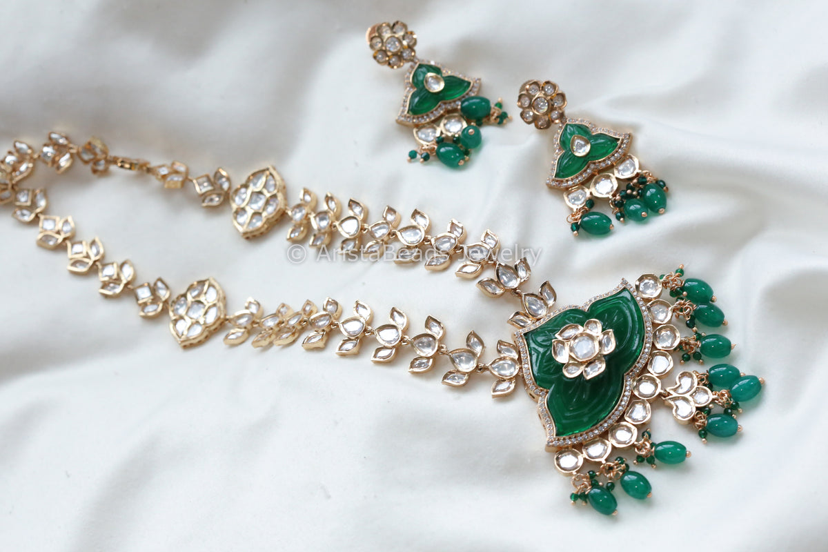 Next To Real Kundan Necklace Set - Green Carved Stone