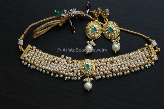 Gajra Style Pearl Necklace - Green