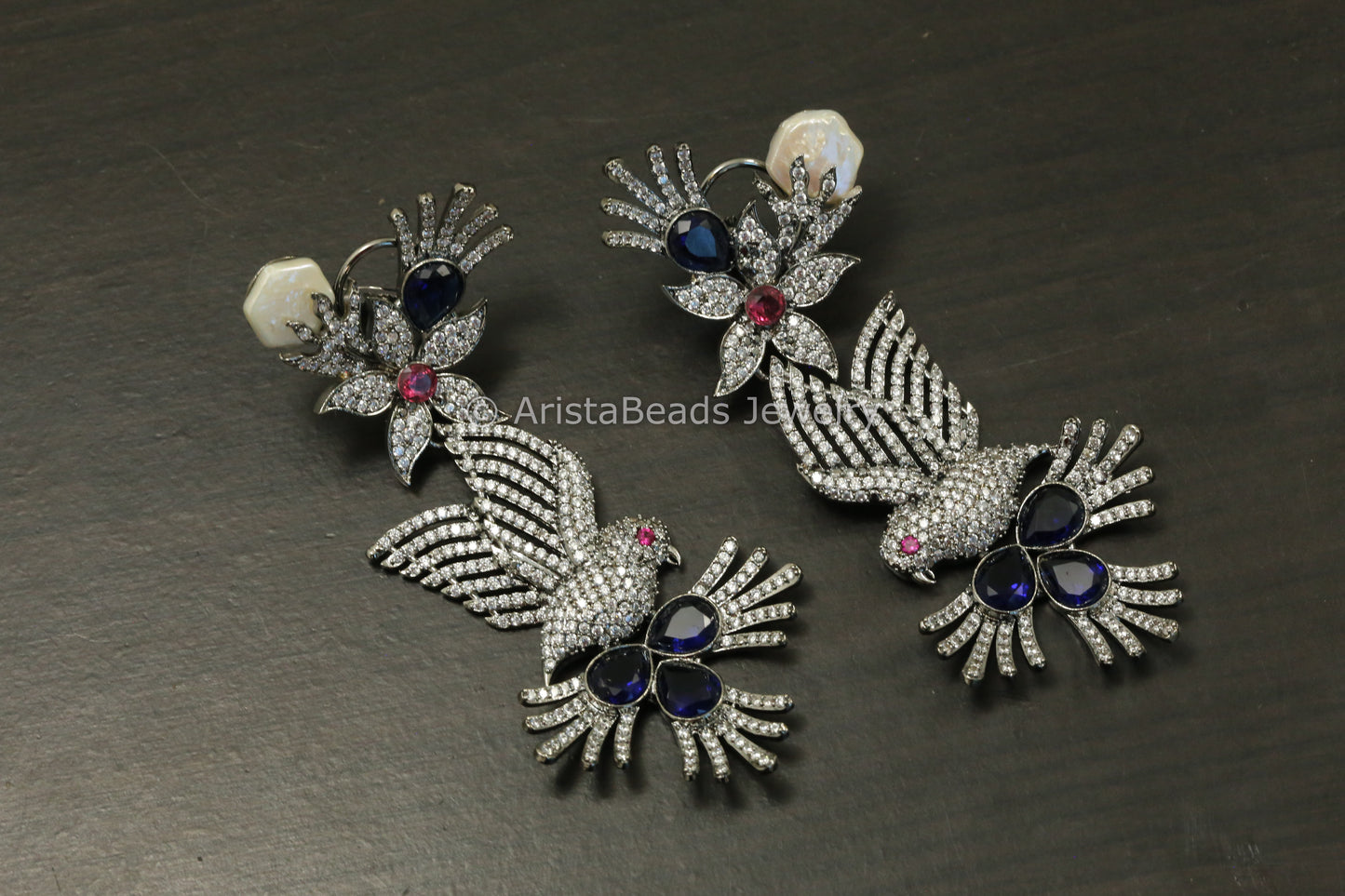 Large Victorian CZ & Baroque Pearl Earrings- Blue