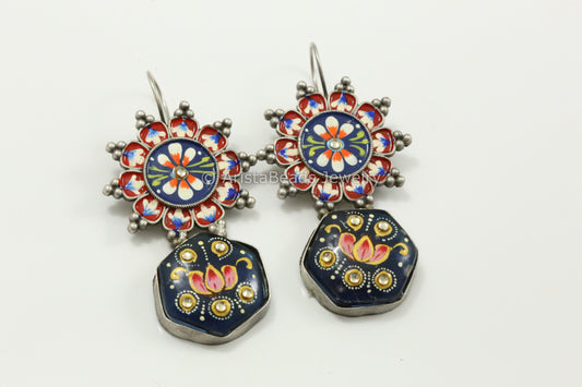 Enamel & Tanjore Work Earrings - Red Blue