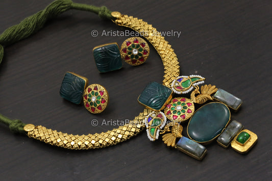 925 Silver Kundan Necklace Set With Real Labrodorite & Onyx