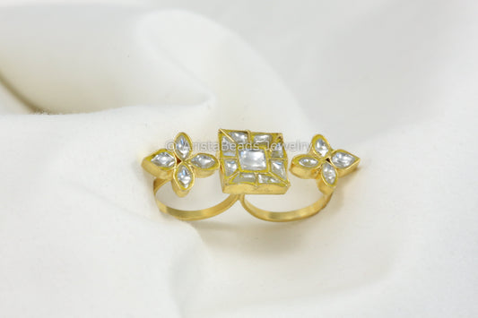 Jadau Kundan Two Finger Bar Ring (Adjustable) -Clear