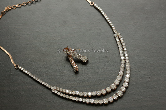 Premium Rose Gold Solitaire Look 2 Line CZ Necklace Set
