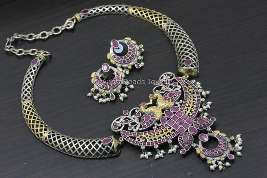Dual Tone Hasli Necklace Set - Ruby