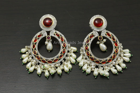 Dual Tone CZ & Pota Stone Chandbaali - Red