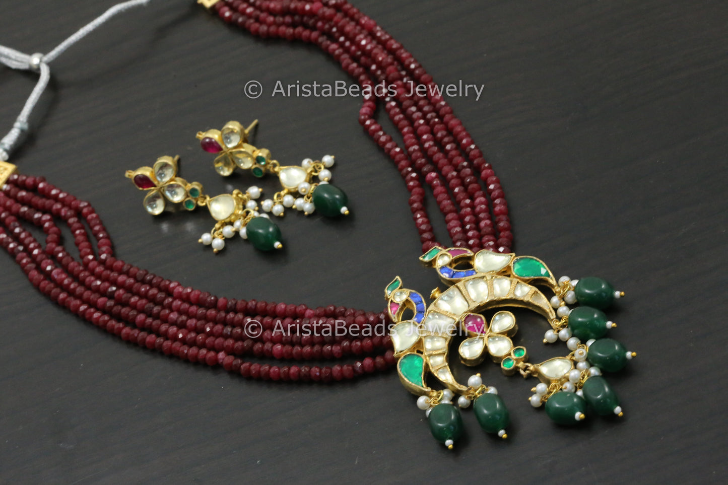 Pachi Kundan Necklace Set - Maroon Red