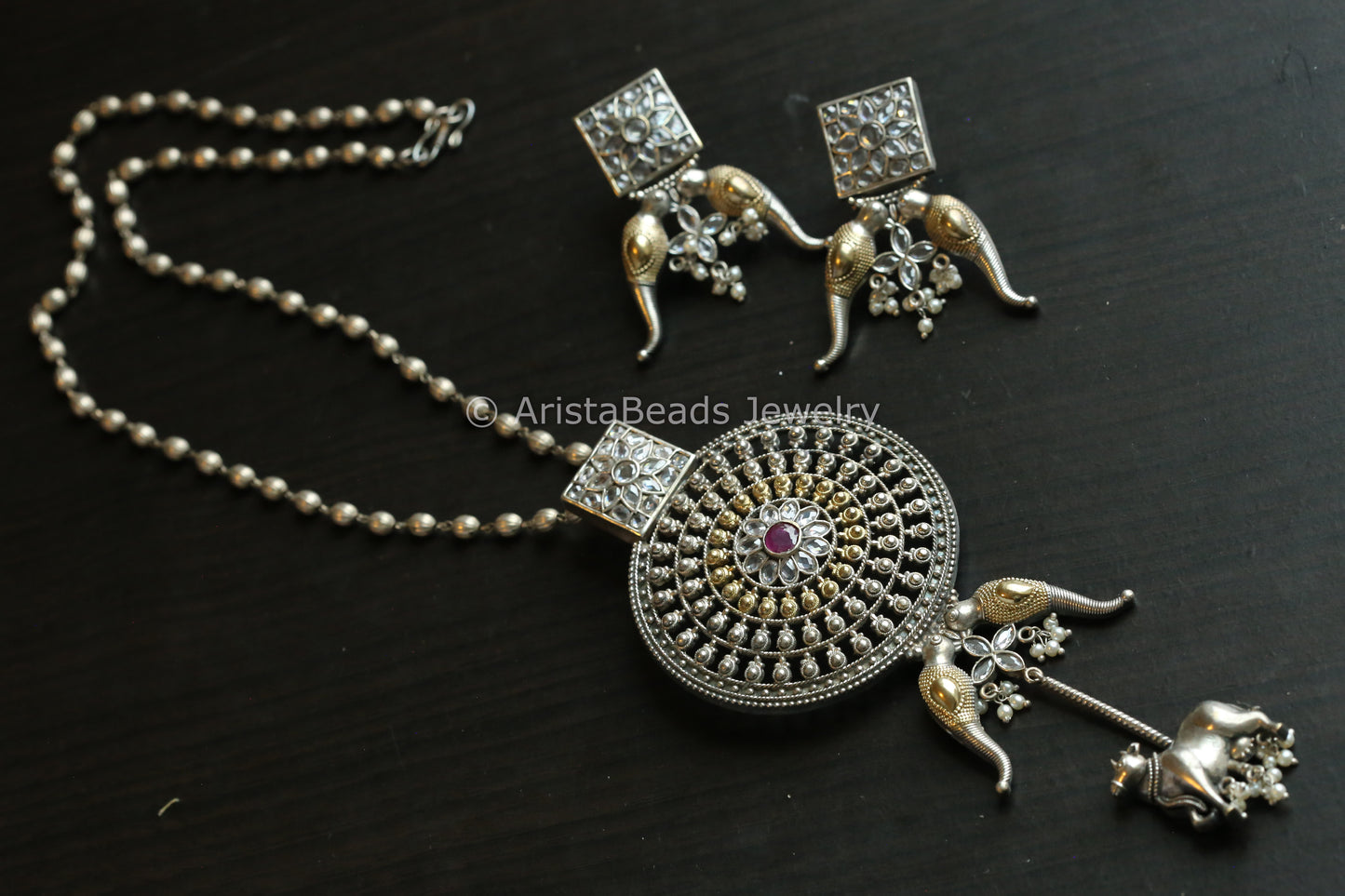 Contemporary Silver Look Dual Tone Necklace Set -Clear Ruby