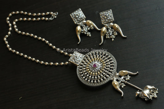 Contemporary Silver Look Dual Tone Necklace Set -Clear Ruby