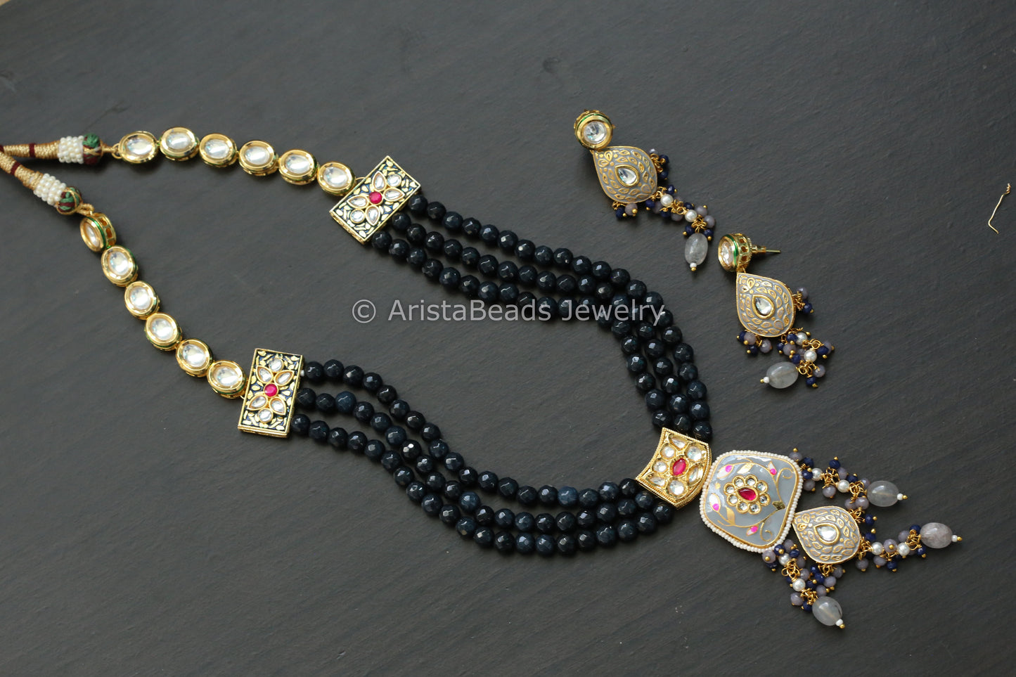 Kundan Meenakari Necklace Set - Blue Gray