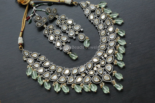 Dual Tone Polki & Micro CZ Necklace Set - Mint