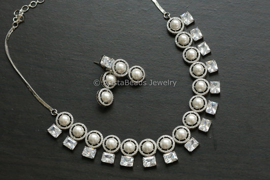 Premium Quality Clear CZ & Pearl Necklace Set