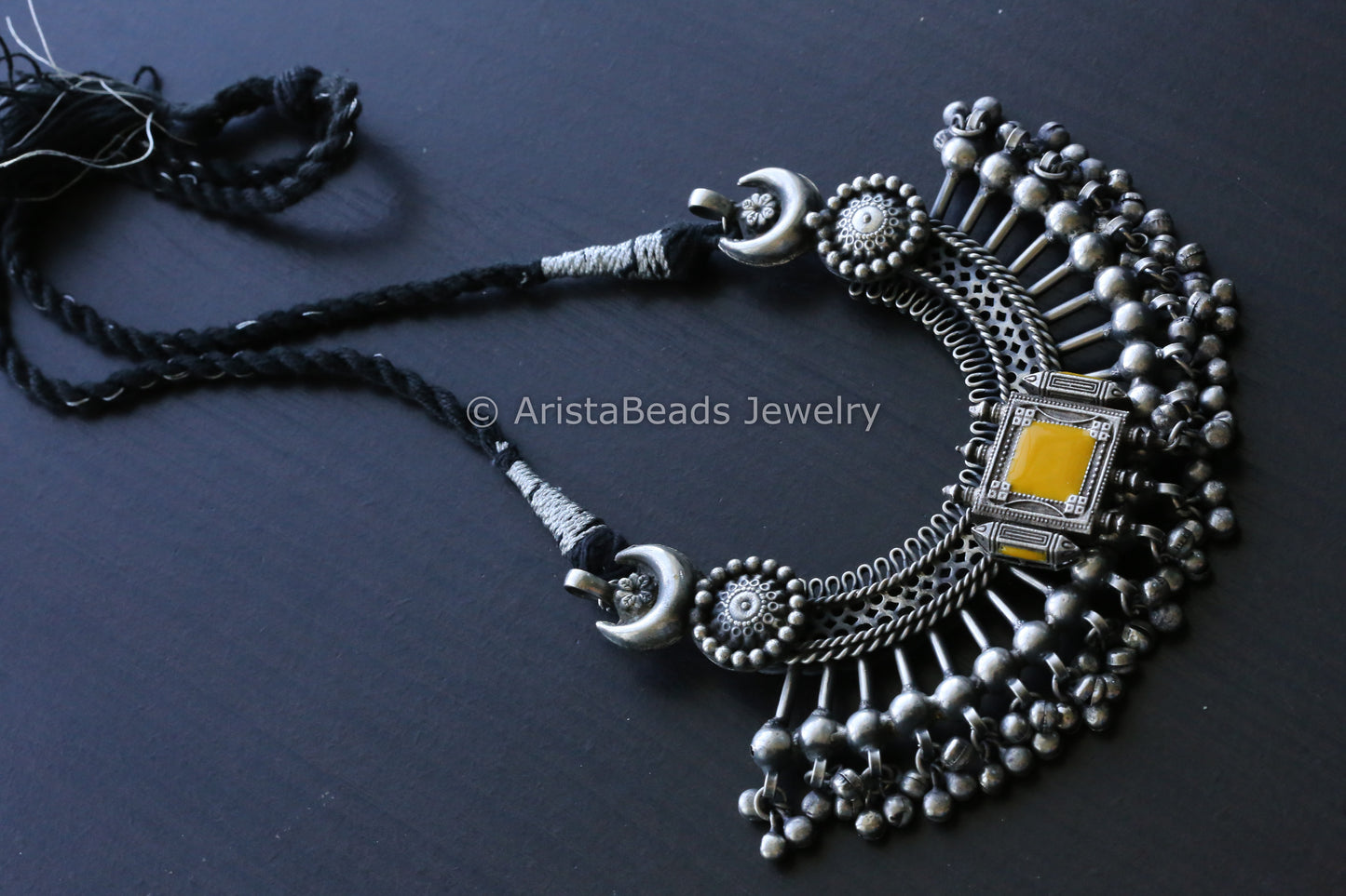 Large Pendant In Black Dori - Yellow Enamel Motif